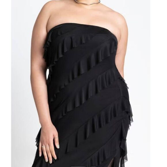 NWT Eloquii Women's Plus Size 16 Ruffle Mesh Maxi Dress with Side Slit in Black - Picture 2 of 4